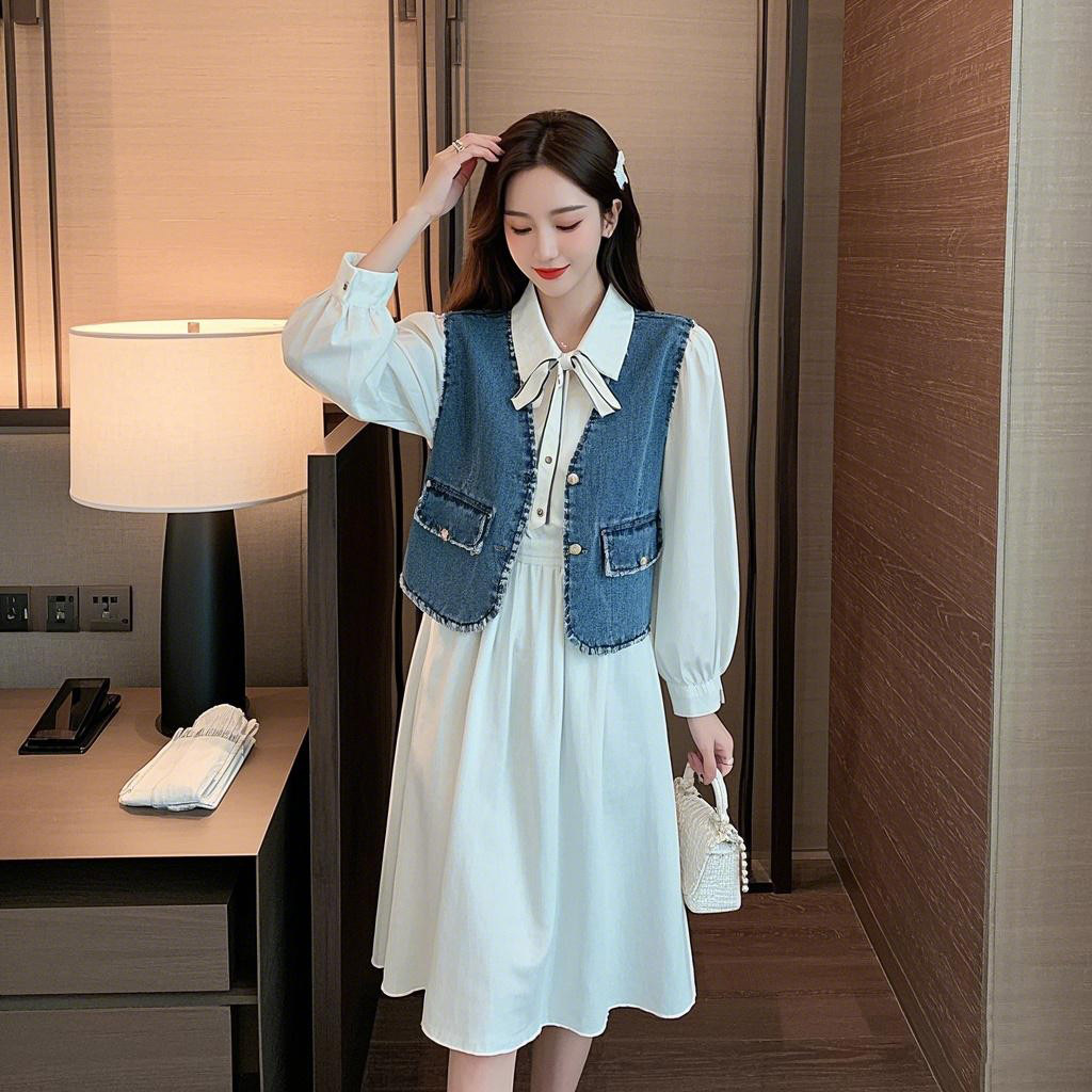 温柔时尚小香风牛仔马甲套装长裙女春秋新款法式气质两件套连衣裙